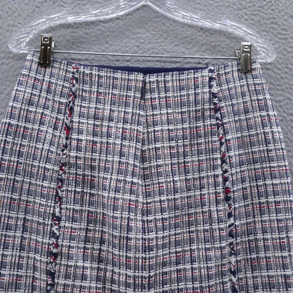 J Crew Womens Navy‎ Blue Red White Plaid Tweed Fringe Pencil Skirt Size 4